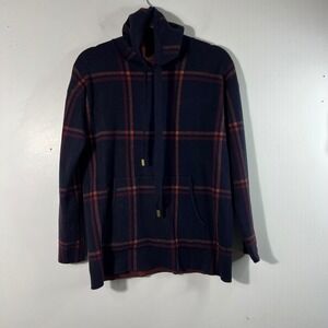 Womens Max Studio Wool Blend Mock Neck Knit Plaid‎ Sweater Pocket XS Navy Orange